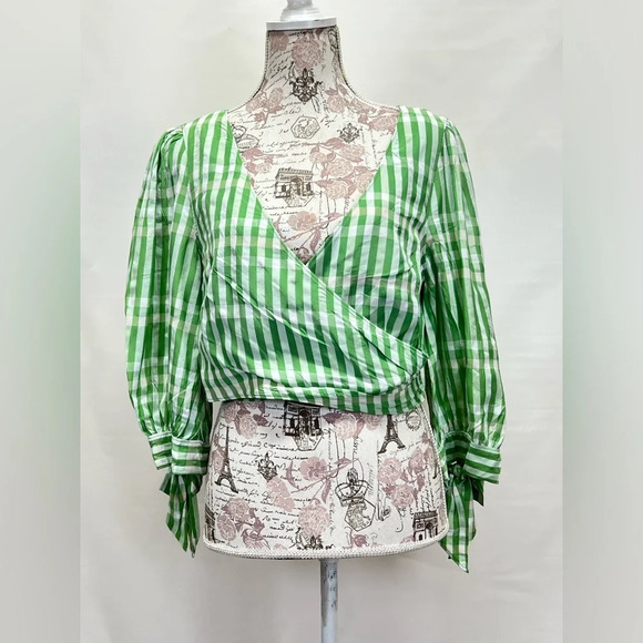 CINQ‎ A SEPT Green and white FLORA gingham surplice crop top size M - Picture 4 of 14